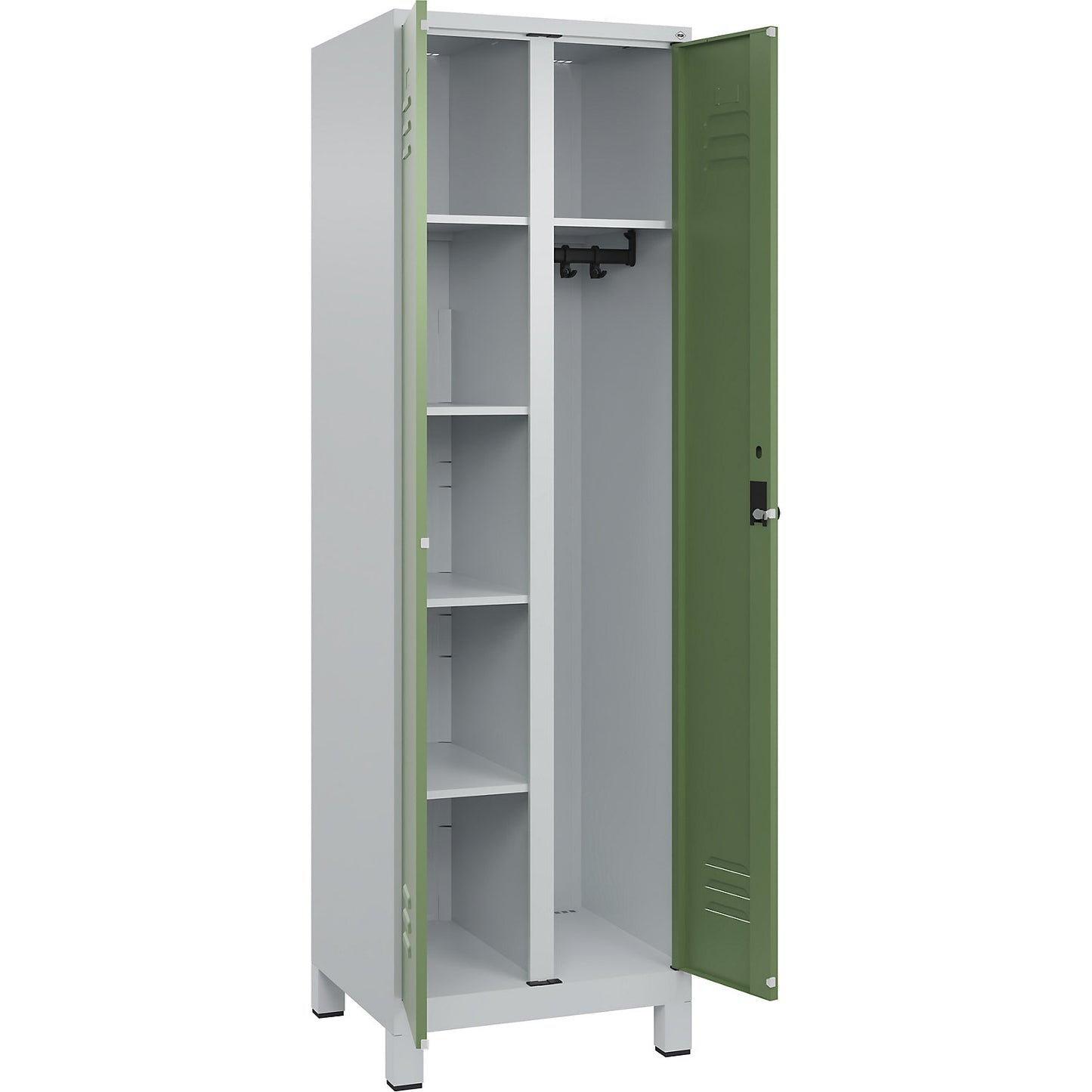Classic PLUS locker for cleaning products, 1 compartment, partition in centre, light grey/reseda green, W 600 mm, with feet, rotary bolt.