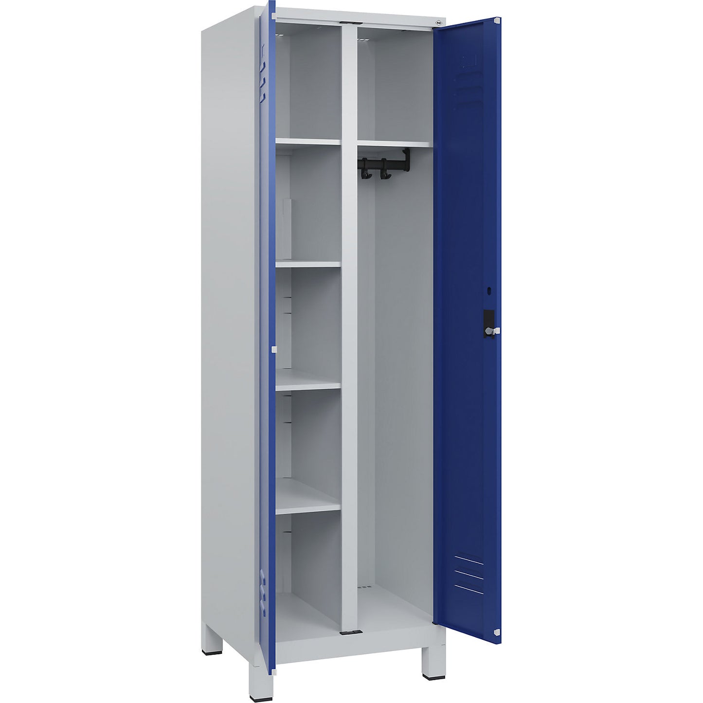 Classic PLUS locker for cleaning products, 1 compartment, partition in centre, light grey/gentian blue, W 600 mm, with feet, cylinder lock.