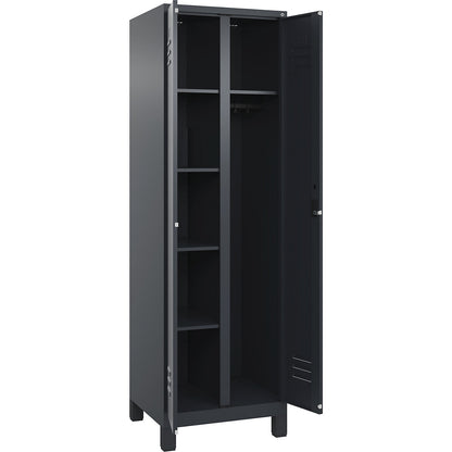 Classic PLUS locker for cleaning products, 1 compartment, partition in centre, grey, W 600 mm, with feet, cylinder lock.