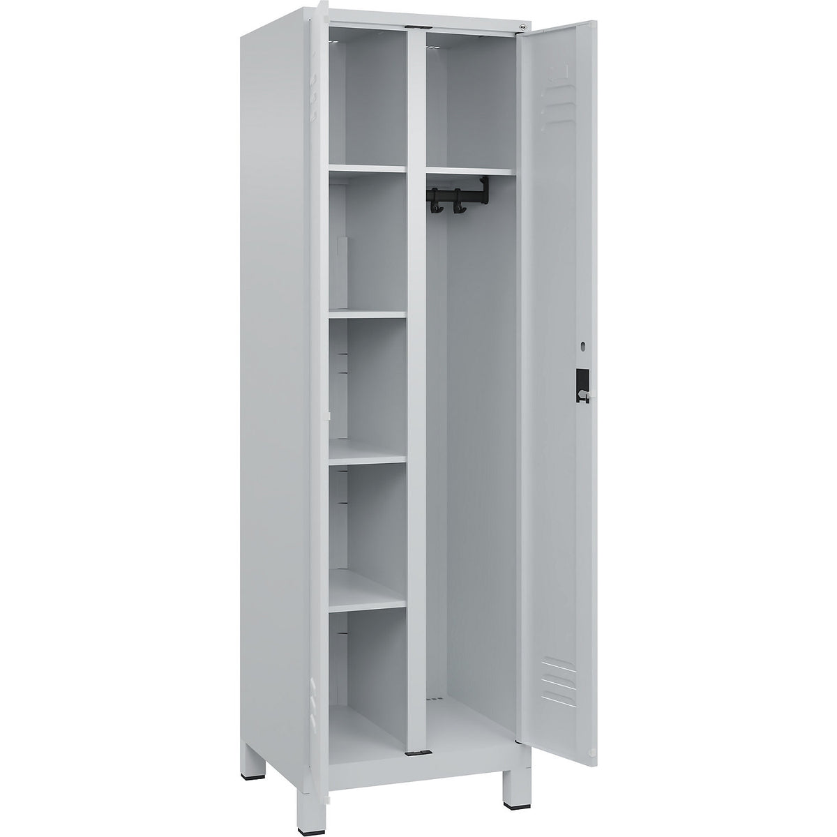 Classic PLUS locker for cleaning products, 1 compartment, partition in centre, light grey, W 600 mm, with feet, cylinder lock.
