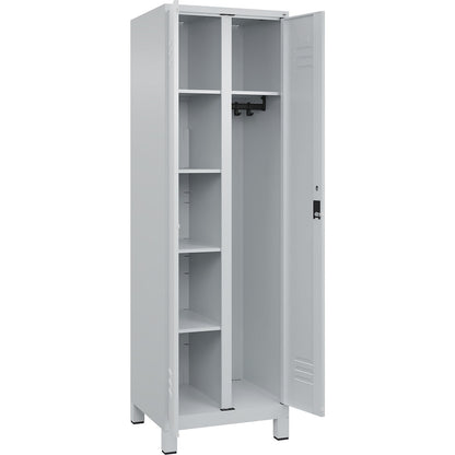 Classic PLUS locker for cleaning products, 1 compartment, partition in centre, light grey, W 600 mm, with feet, cylinder lock.