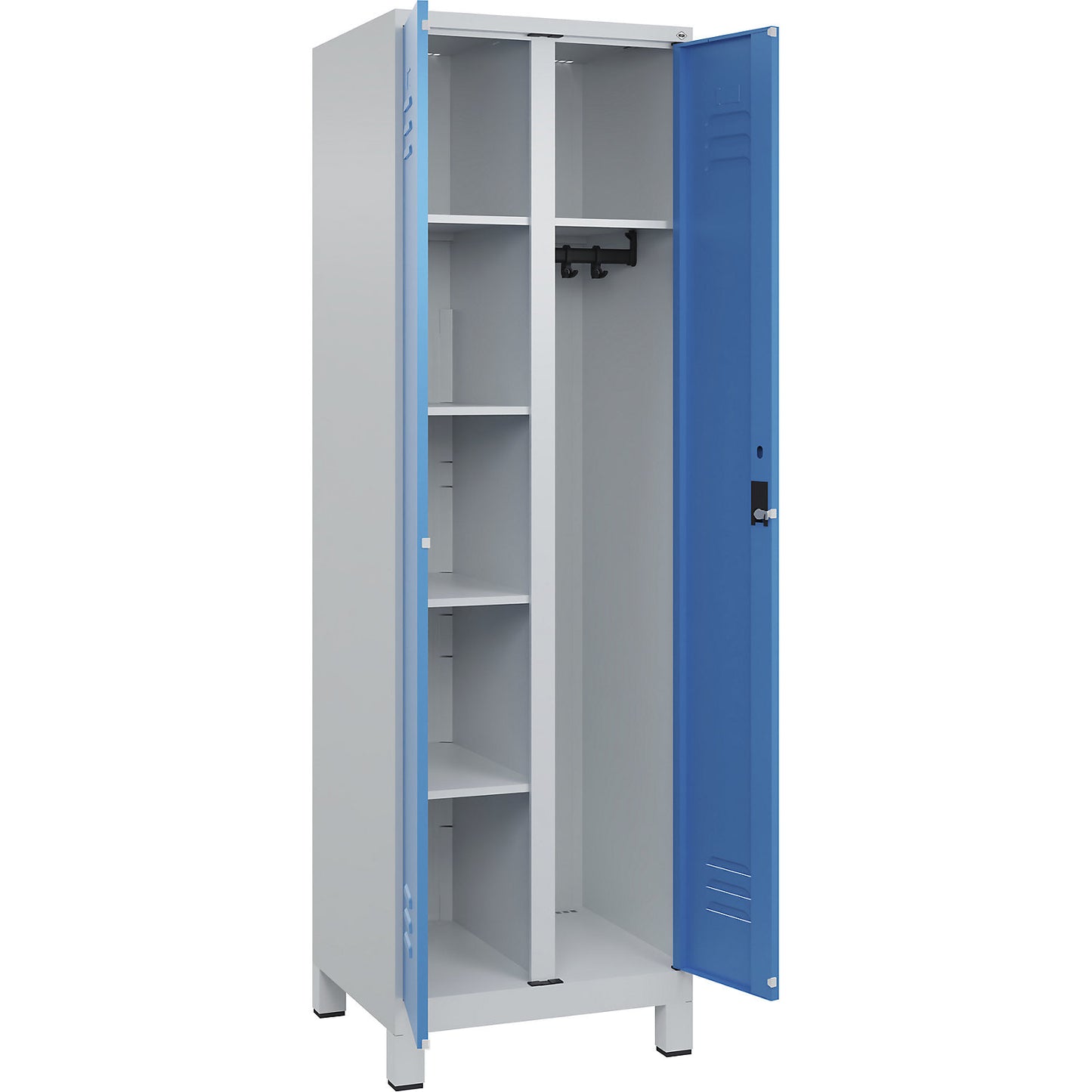 Classic PLUS locker for cleaning products, 1 compartment, partition in centre, light grey/light blue, W 600 mm, with feet, cylinder lock.