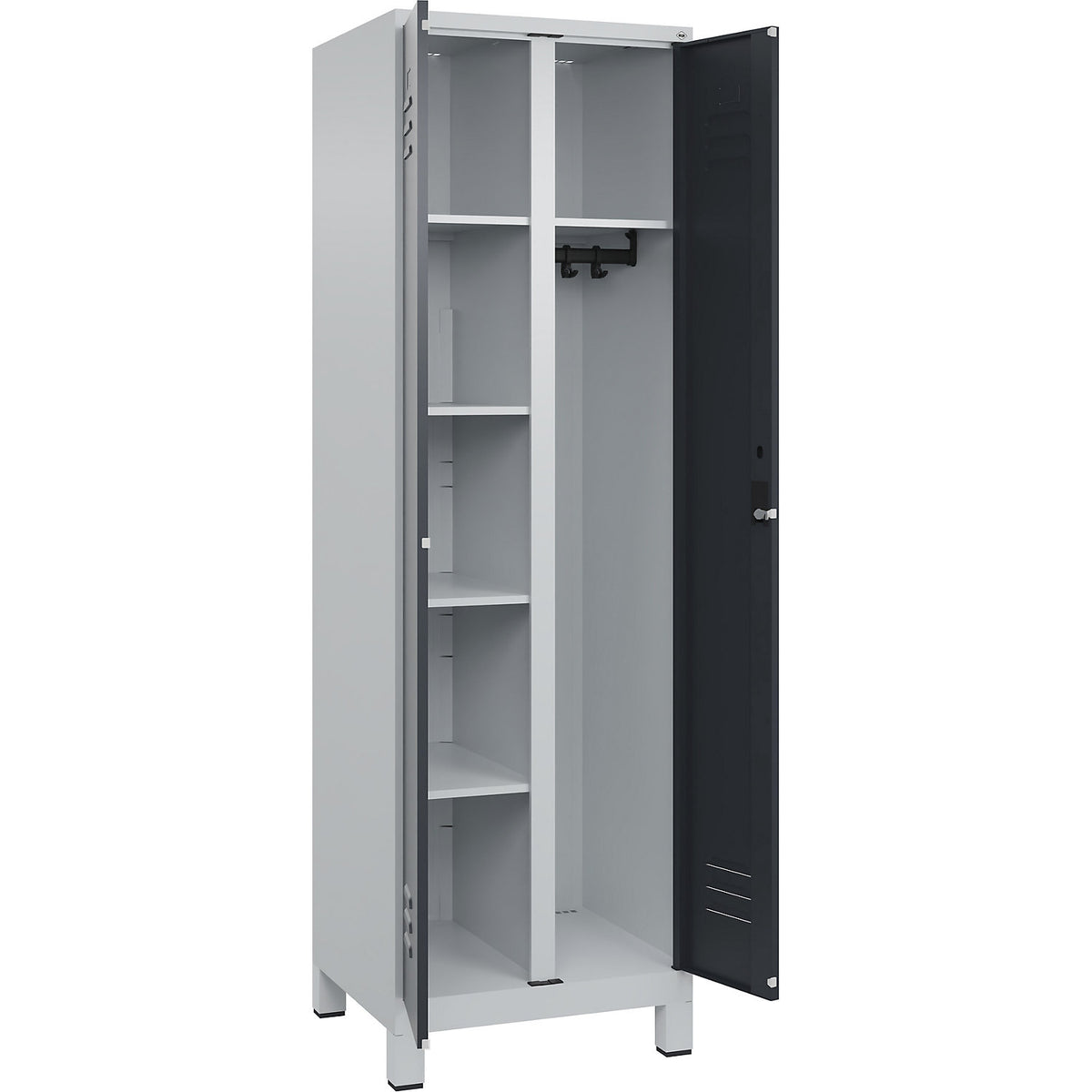 Classic PLUS locker for cleaning products, 1 compartment, partition in centre, light grey/grey, W 600 mm, with feet, cylinder lock.