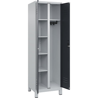 Classic PLUS locker for cleaning products, 1 compartment, partition in centre, light grey/grey, W 600 mm, with feet, cylinder lock.