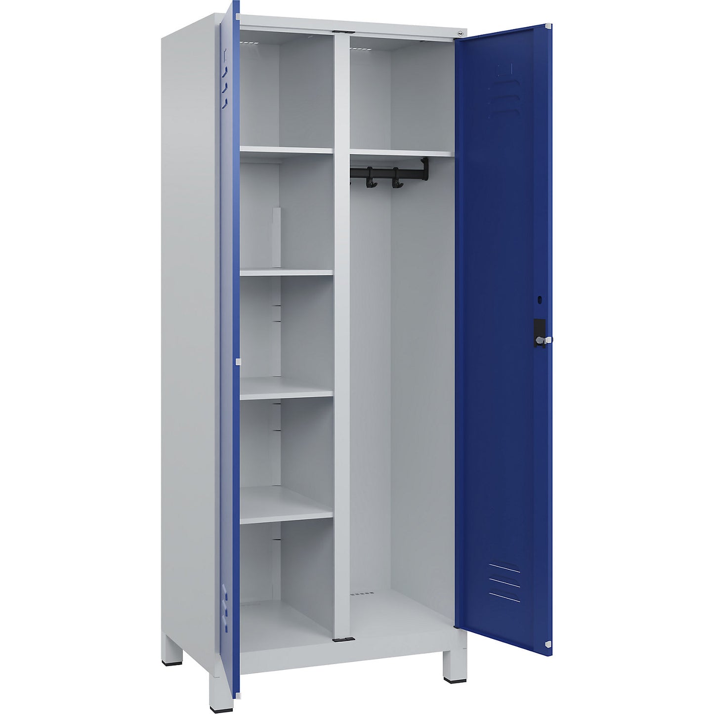 Classic PLUS locker for cleaning products, 1 compartment, partition in centre, light grey/gentian blue, W 800 mm, with feet, rotary bolt.
