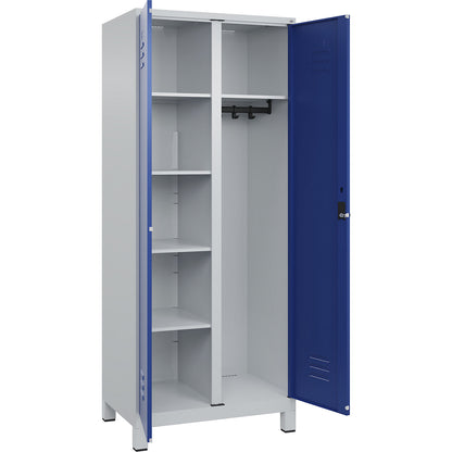 Classic PLUS locker for cleaning products, 1 compartment, partition in centre, light grey/gentian blue, W 800 mm, with feet, rotary bolt.