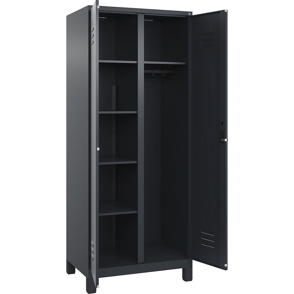 Classic PLUS locker for cleaning products, 1 compartment, partition in centre, grey, W 800 mm, with feet, rotary bolt.