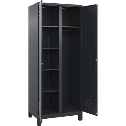 Classic PLUS locker for cleaning products, 1 compartment, partition in centre, grey, W 800 mm, with feet, rotary bolt.