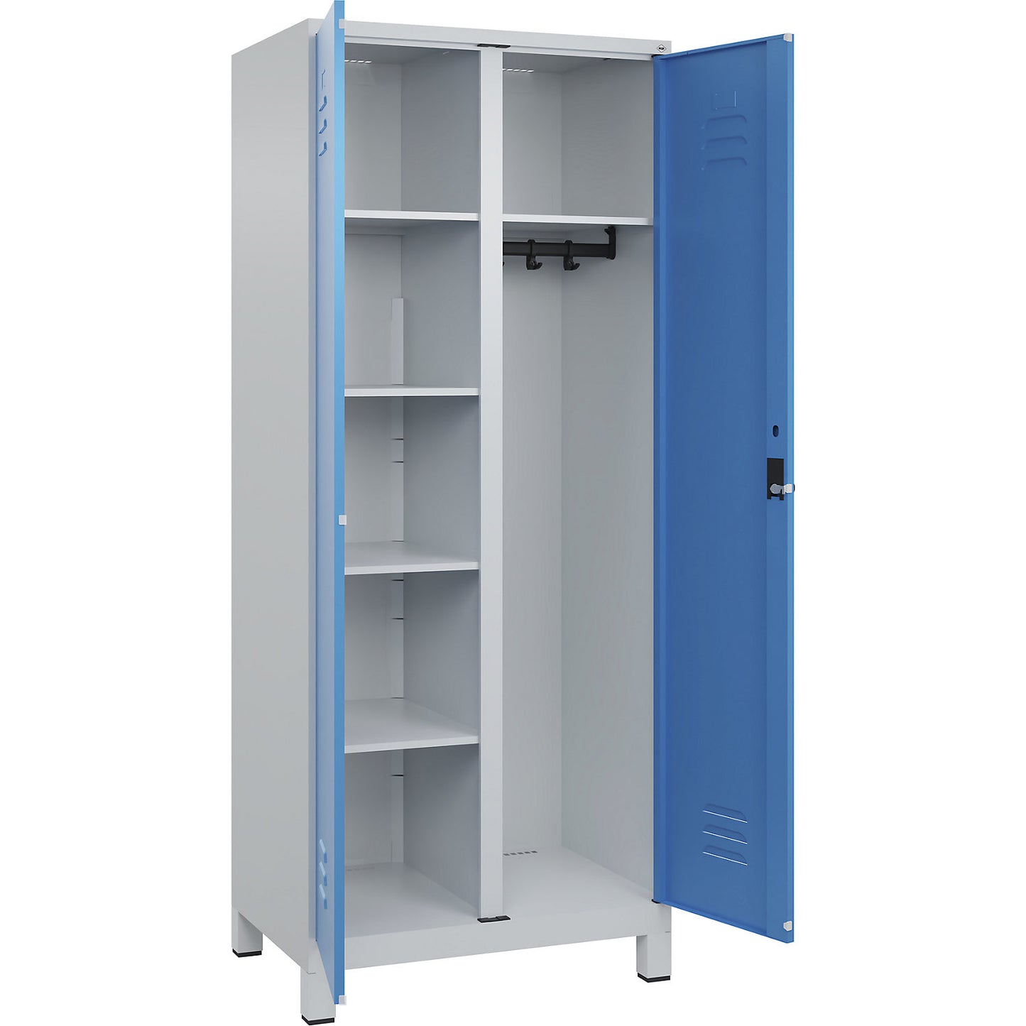 Classic PLUS locker for cleaning products, 1 compartment, partition in centre, light grey/light blue, W 800 mm, with feet, rotary bolt.