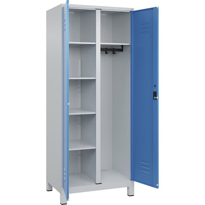 Classic PLUS locker for cleaning products, 1 compartment, partition in centre, light grey/light blue, W 800 mm, with feet, rotary bolt.