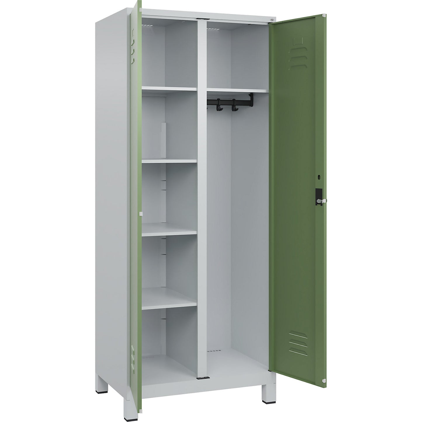 Classic PLUS locker for cleaning products, 1 compartment, partition in centre, light grey/reseda green, W 800 mm, with feet, rotary bolt.