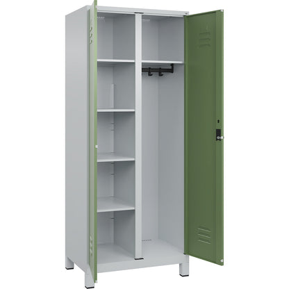 Classic PLUS locker for cleaning products, 1 compartment, partition in centre, light grey/reseda green, W 800 mm, with feet, rotary bolt.