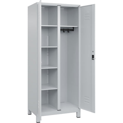 Classic PLUS locker for cleaning products, 1 compartment, partition in centre, light grey, W 800 mm, with feet, rotary bolt.