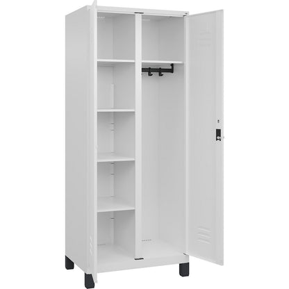 Classic PLUS locker for cleaning products, 1 compartment, partition in centre, traffic white, W 800 mm, with feet, rotary bolt.