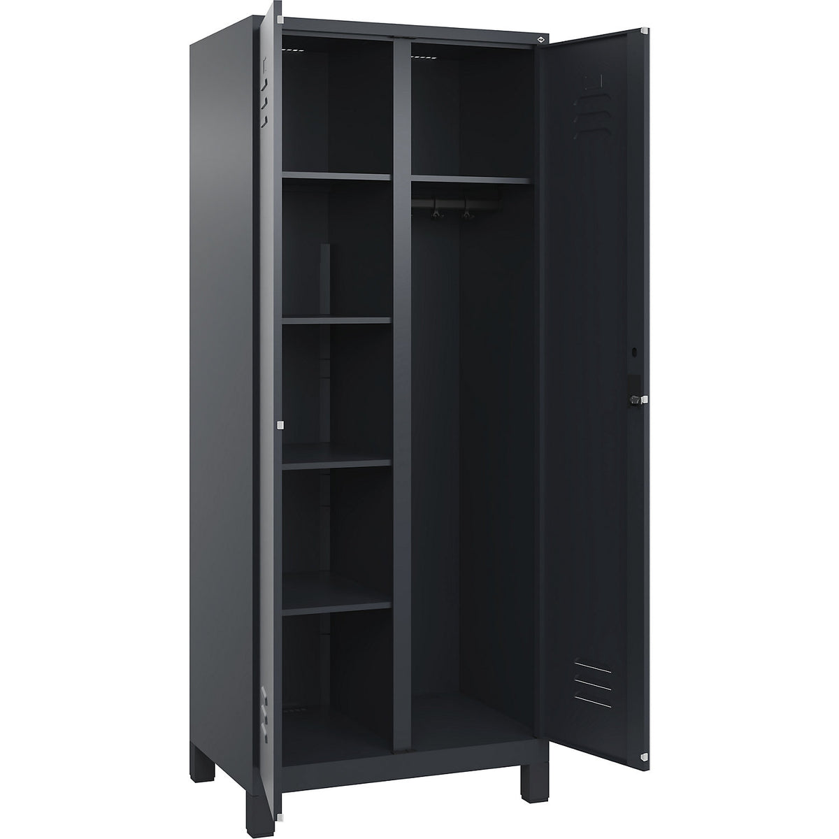 Classic PLUS locker for cleaning products, 1 compartment, partition in centre, grey, W 800 mm, with feet, cylinder lock.
