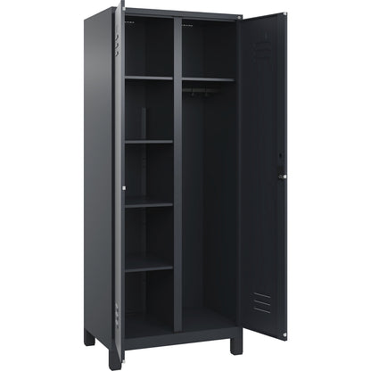 Classic PLUS locker for cleaning products, 1 compartment, partition in centre, grey, W 800 mm, with feet, cylinder lock.