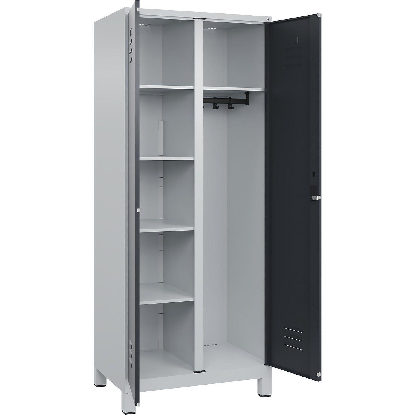 Classic PLUS locker for cleaning products, 1 compartment, partition in centre, light grey/grey, W 800 mm, with feet, cylinder lock.