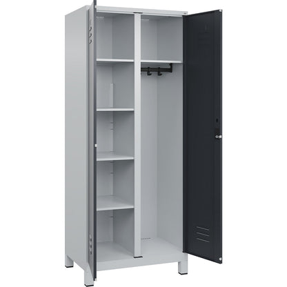 Classic PLUS locker for cleaning products, 1 compartment, partition in centre, light grey/grey, W 800 mm, with feet, cylinder lock.