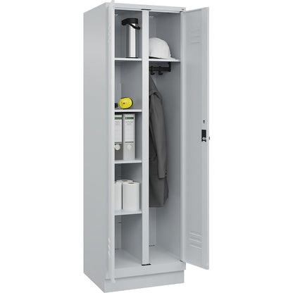 Classic PLUS locker for cleaning products, 1 compartment, partition in centre, light grey, W 600 mm, with base plinth, rotary bolt.