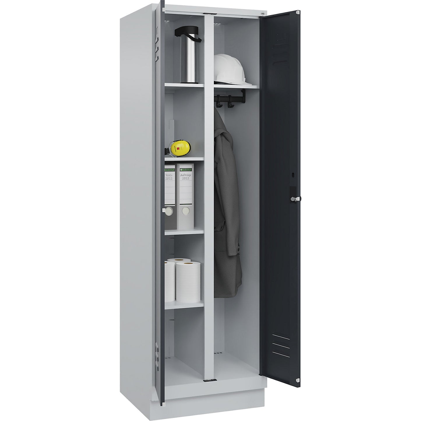 Classic PLUS locker for cleaning products, 1 compartment, partition in centre, light grey/grey, W 600 mm, with base plinth, rotary bolt.