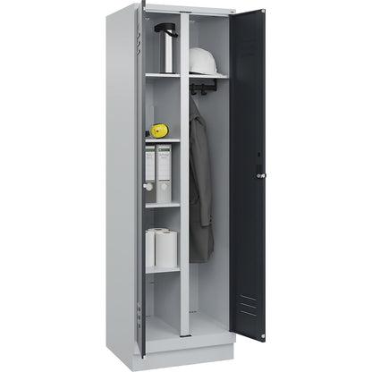 Classic PLUS locker for cleaning products, 1 compartment, partition in centre, light grey/grey, W 600 mm, with base plinth, rotary bolt.