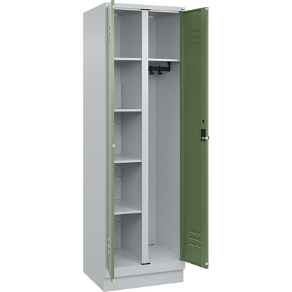 Classic PLUS locker for cleaning products, 1 compartment, partition in centre, light grey/reseda green, W 600 mm, with base plinth, rotary bolt.