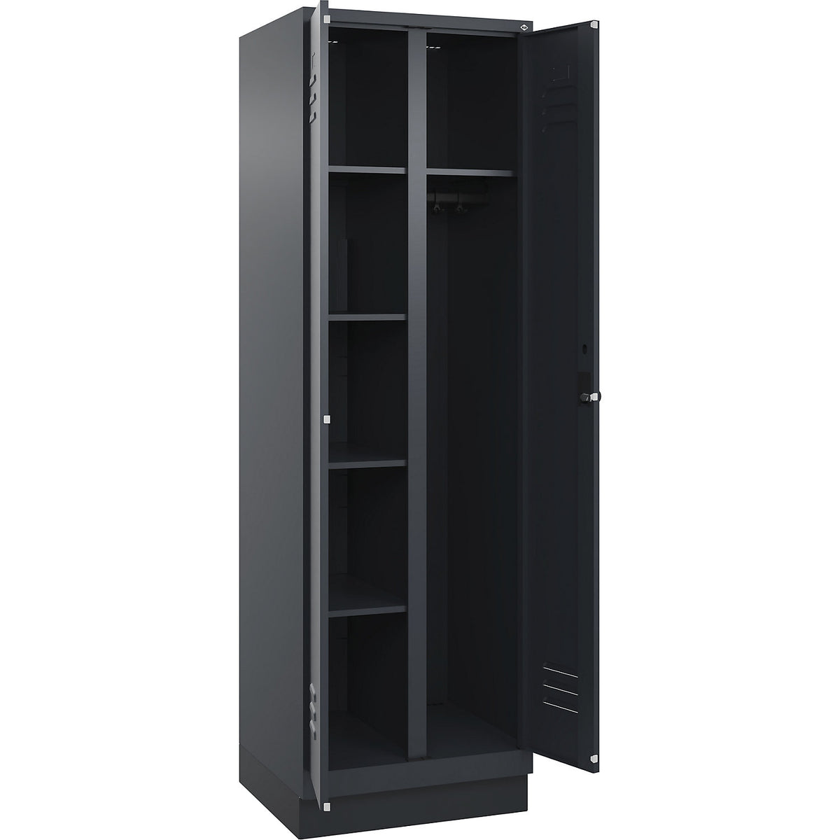 Classic PLUS locker for cleaning products, 1 compartment, partition in centre, grey, W 600 mm, with base plinth, rotary bolt.