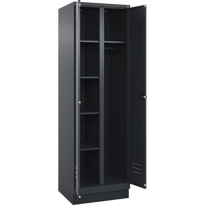Classic PLUS locker for cleaning products, 1 compartment, partition in centre, grey, W 600 mm, with base plinth, rotary bolt.