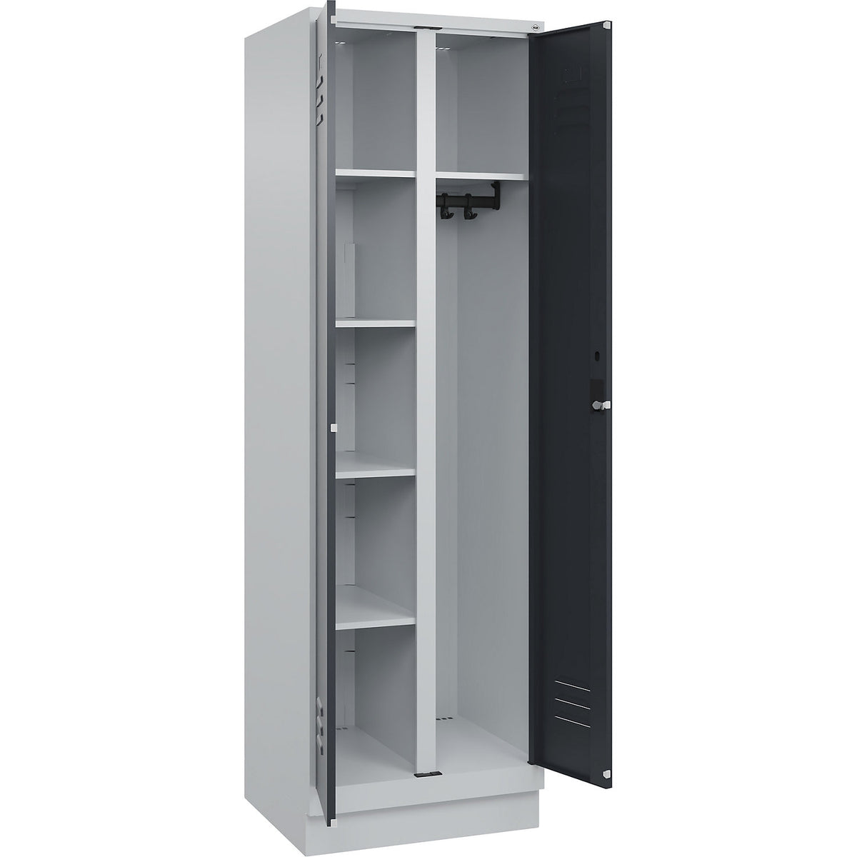 Classic PLUS locker for cleaning products, 1 compartment, partition in centre, light grey/grey, W 600 mm, with base plinth, cylinder lock.