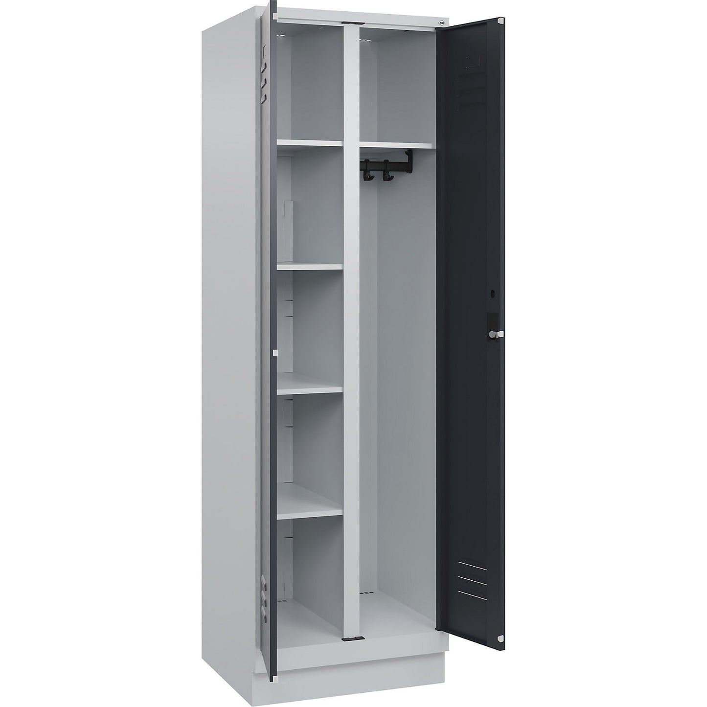 Classic PLUS locker for cleaning products, 1 compartment, partition in centre, light grey/grey, W 600 mm, with base plinth, cylinder lock.