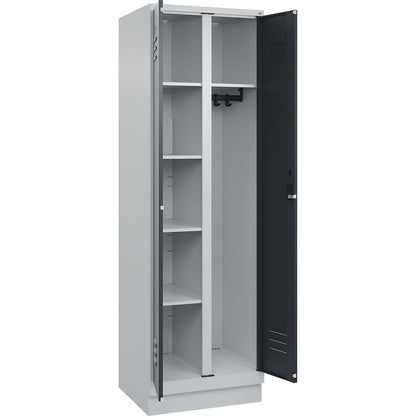 Classic PLUS locker for cleaning products, 1 compartment, partition in centre, light grey/grey, W 600 mm, with base plinth, cylinder lock.