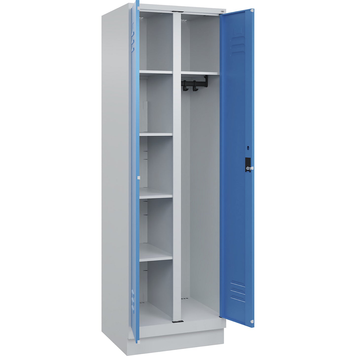 Classic PLUS locker for cleaning products, 1 compartment, partition in centre, light grey/light blue, W 600 mm, with base plinth, cylinder lock.