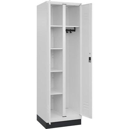 Classic PLUS locker for cleaning products, 1 compartment, partition in centre, traffic white, W 600 mm, with base plinth, cylinder lock.