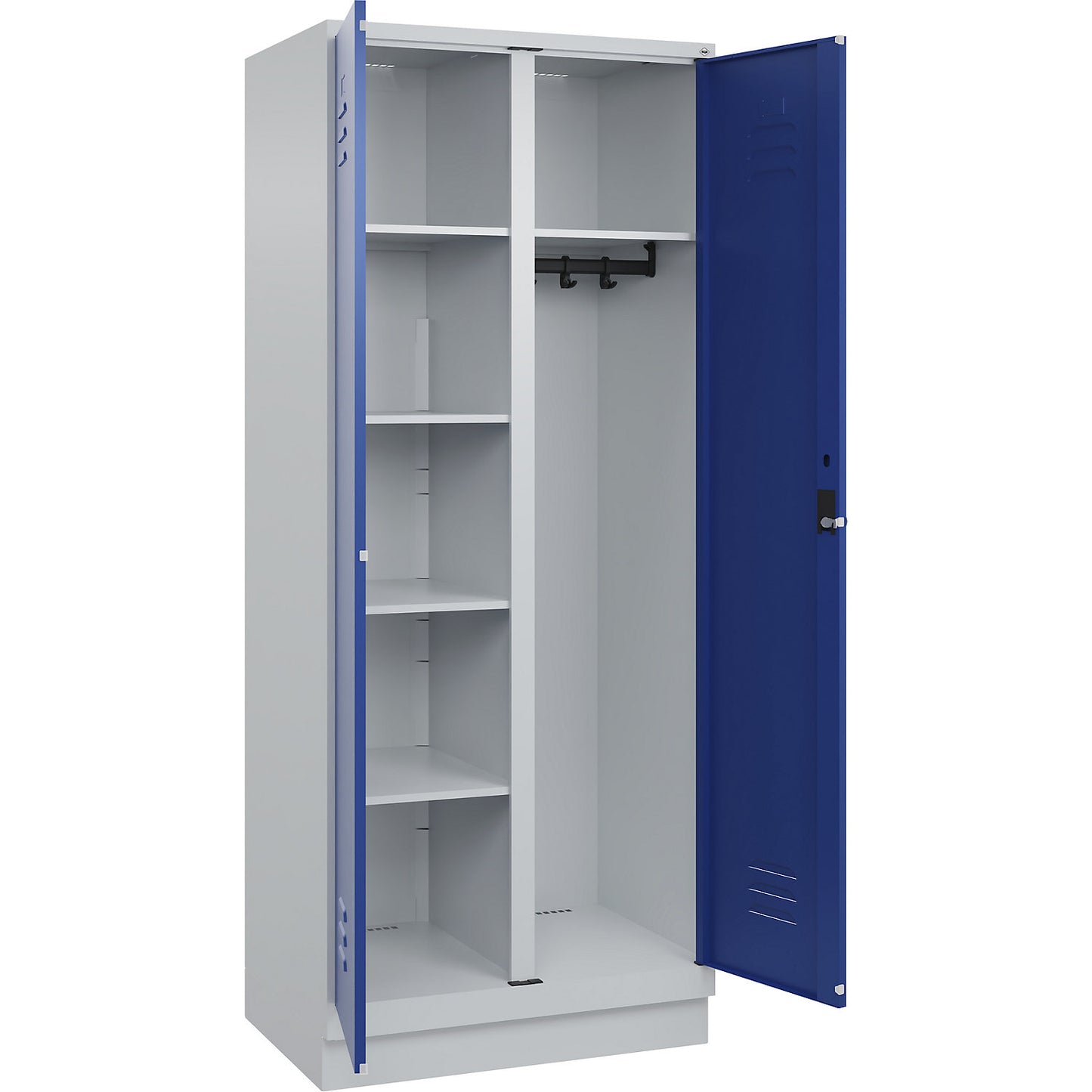 Classic PLUS locker for cleaning products, 1 compartment, partition in centre, light grey/gentian blue, W 800 mm, with base plinth, rotary bolt.