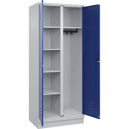 Classic PLUS locker for cleaning products, 1 compartment, partition in centre, light grey/gentian blue, W 800 mm, with base plinth, rotary bolt.