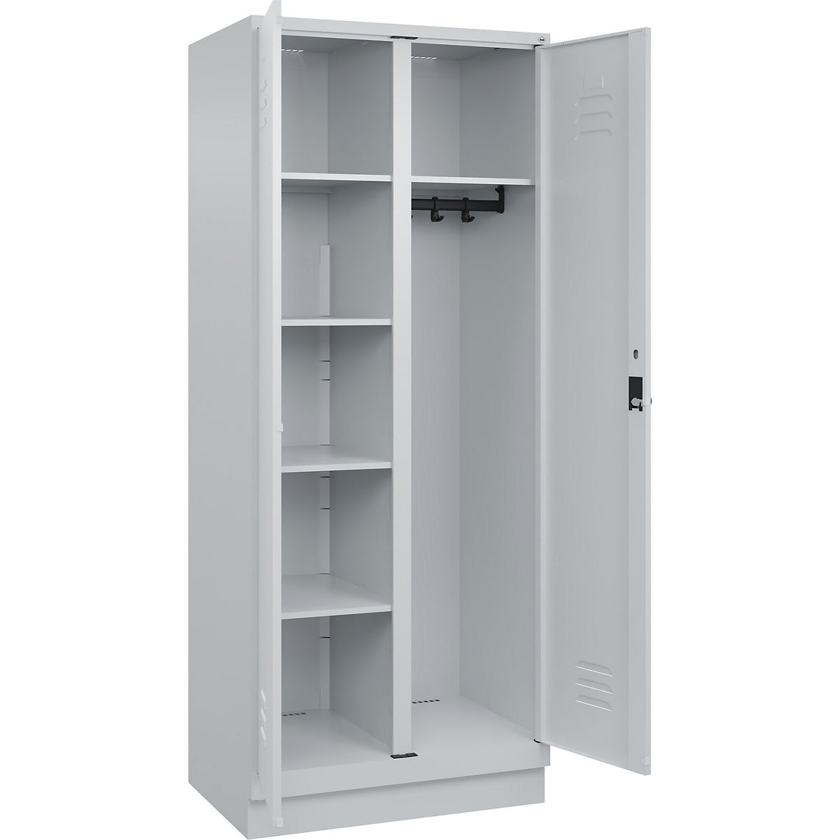 Classic PLUS locker for cleaning products, 1 compartment, partition in centre, light grey, W 800 mm, with base plinth, rotary bolt.