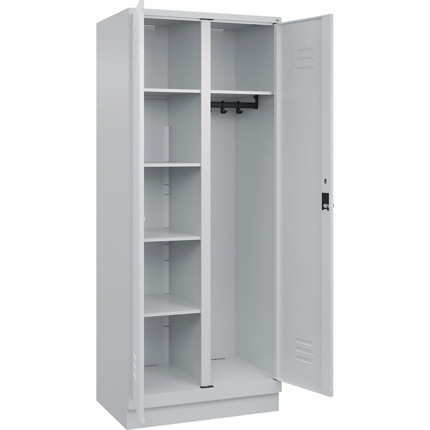 Classic PLUS locker for cleaning products, 1 compartment, partition in centre, light grey, W 800 mm, with base plinth, rotary bolt.