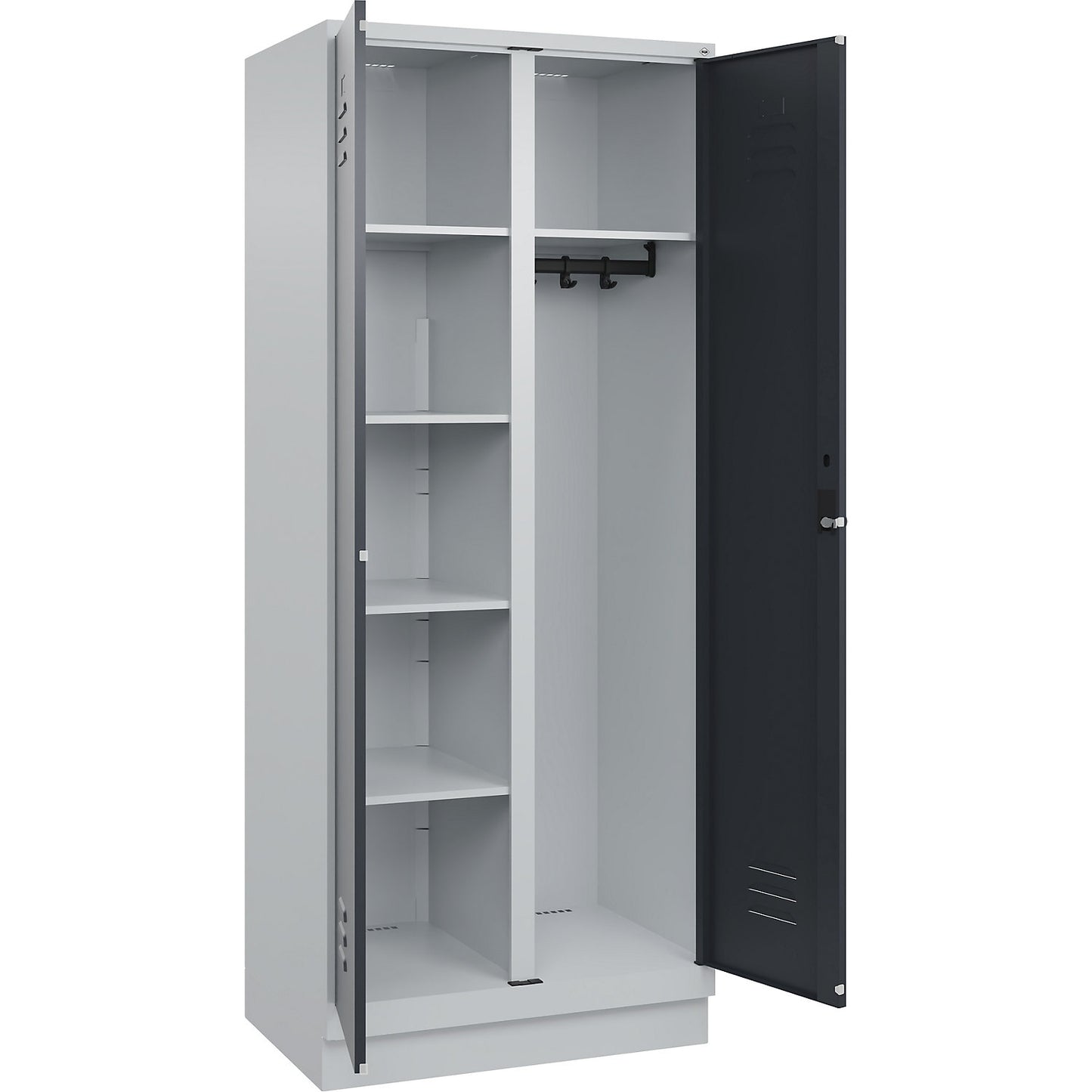 Classic PLUS locker for cleaning products, 1 compartment, partition in centre, light grey/grey, W 800 mm, with base plinth, rotary bolt.