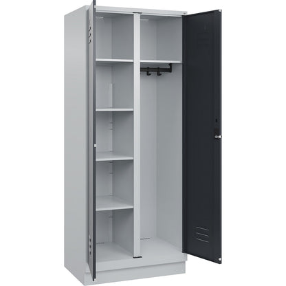 Classic PLUS locker for cleaning products, 1 compartment, partition in centre, light grey/grey, W 800 mm, with base plinth, rotary bolt.