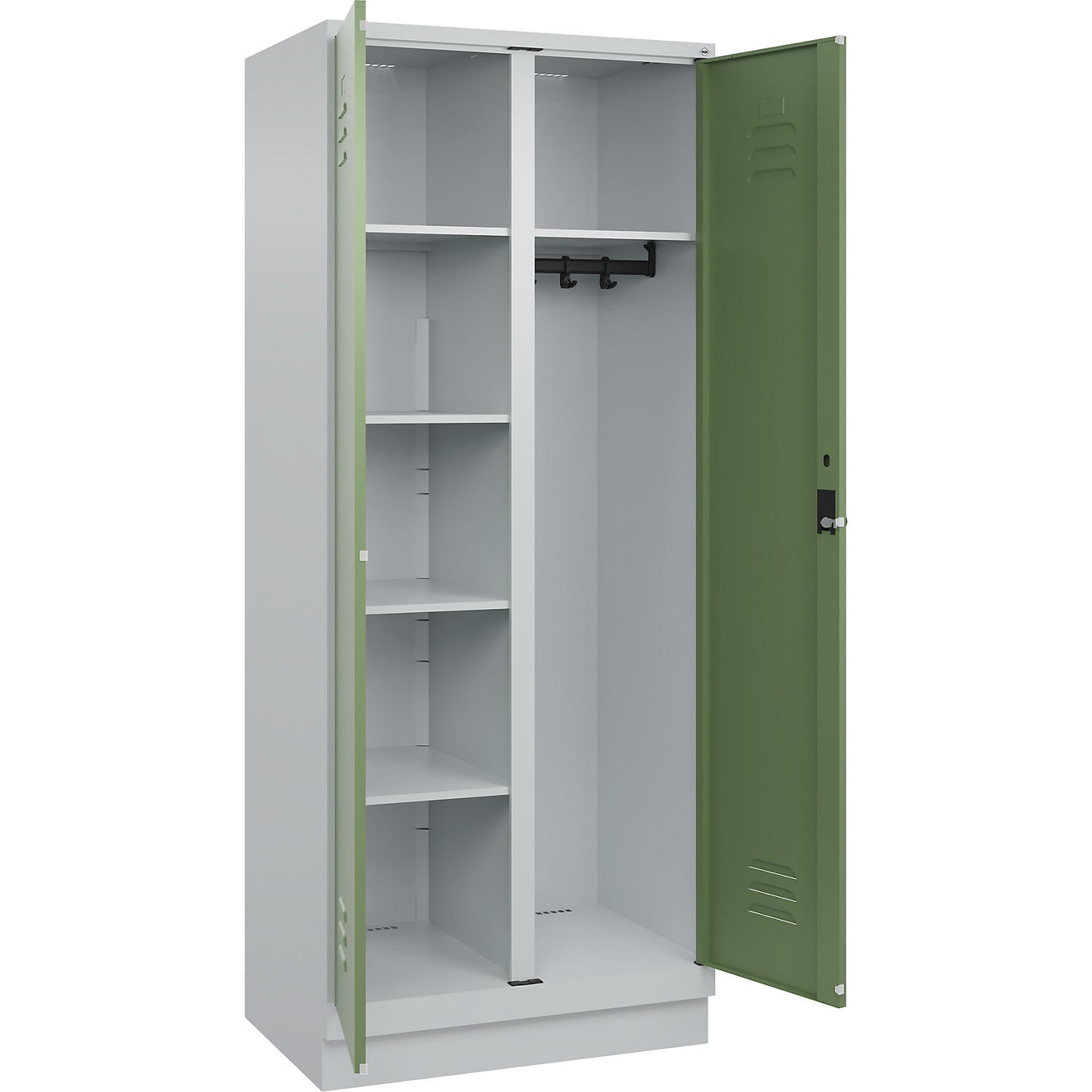 Classic PLUS locker for cleaning products, 1 compartment, partition in centre, light grey/reseda green, W 800 mm, with base plinth, rotary bolt.