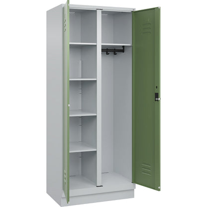 Classic PLUS locker for cleaning products, 1 compartment, partition in centre, light grey/reseda green, W 800 mm, with base plinth, rotary bolt.