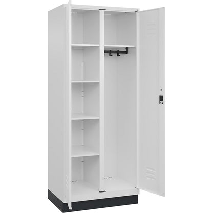 Classic PLUS locker for cleaning products, 1 compartment, partition in centre, traffic white, W 800 mm, with base plinth, rotary bolt.