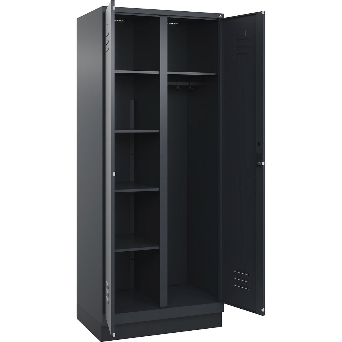 Classic PLUS locker for cleaning products, 1 compartment, partition in centre, grey, W 800 mm, with base plinth, rotary bolt.