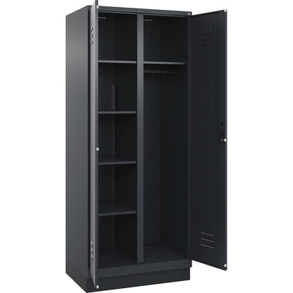 Classic PLUS locker for cleaning products, 1 compartment, partition in centre, grey, W 800 mm, with base plinth, rotary bolt.
