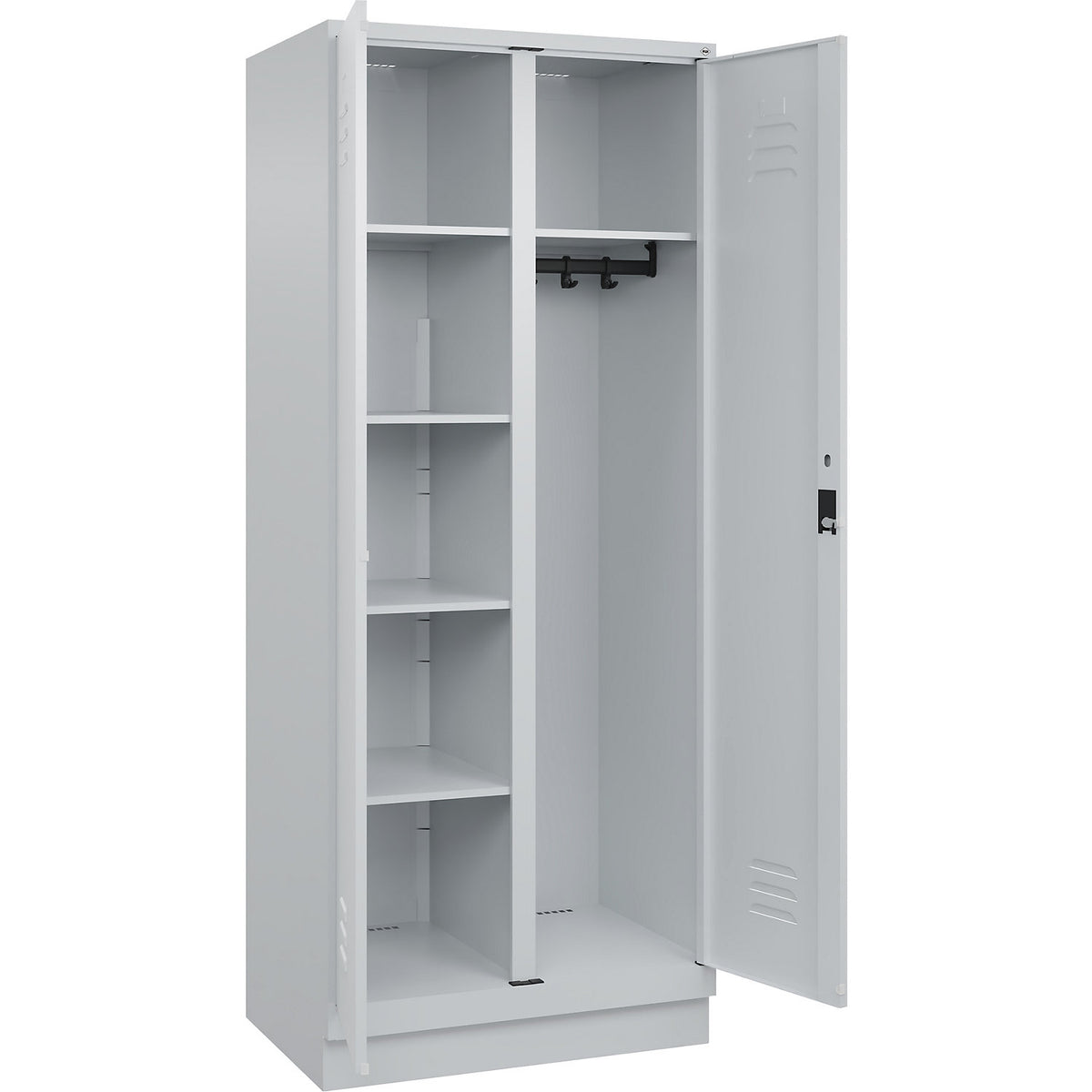 Classic PLUS locker for cleaning products, 1 compartment, partition in centre, light grey, W 800 mm, with base plinth, cylinder lock.