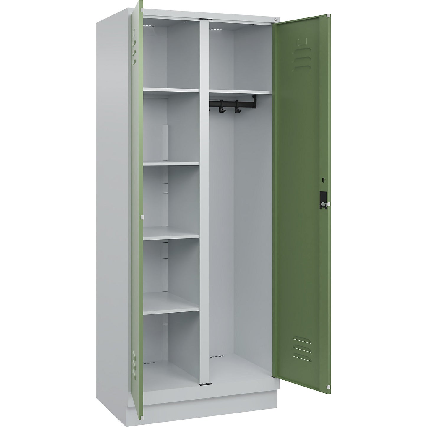 Classic PLUS locker for cleaning products, 1 compartment, partition in centre, light grey/reseda green, W 800 mm, with base plinth, cylinder lock.