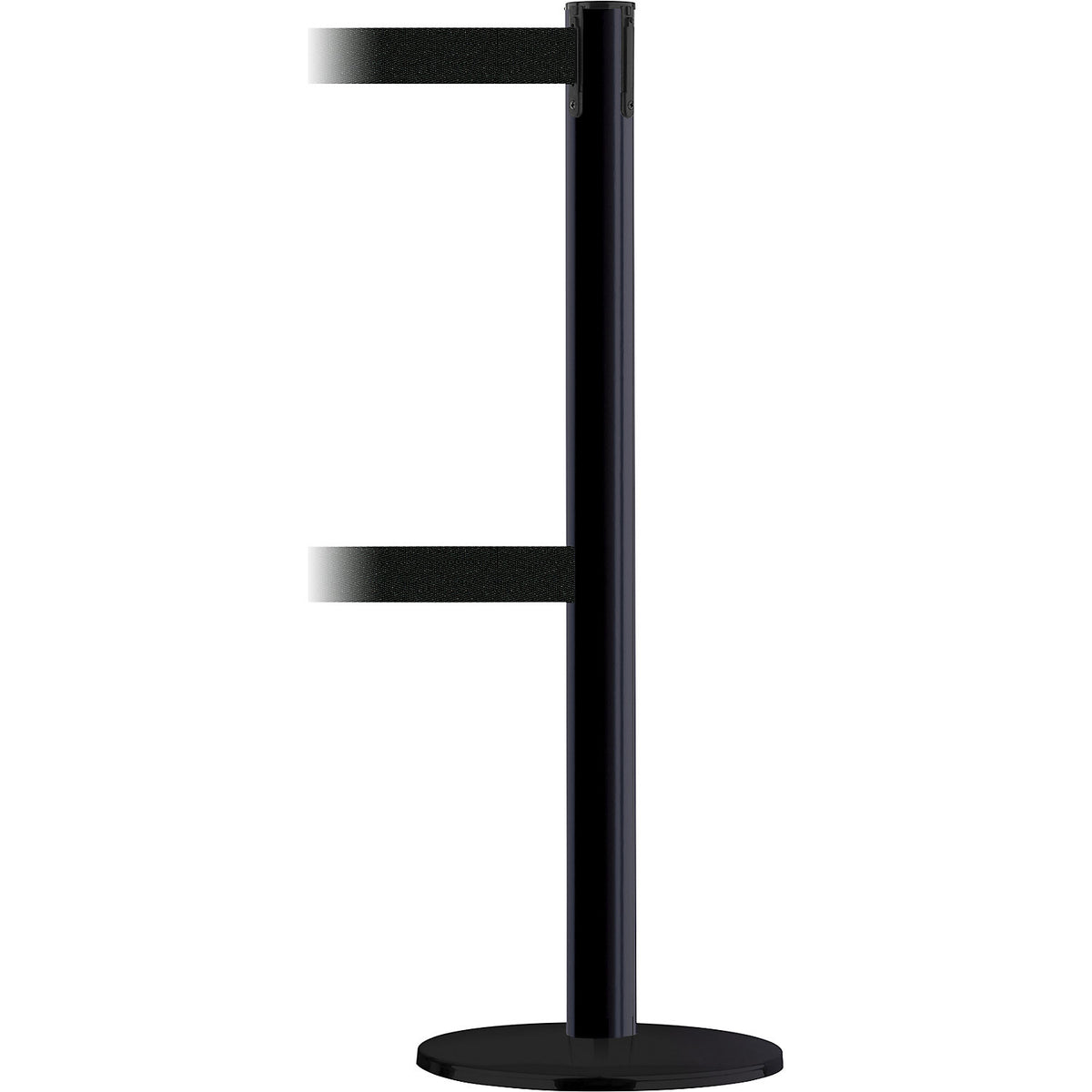 Advance Dualline belt barrier post, belt extends to 3650 mm, post black, belt black.