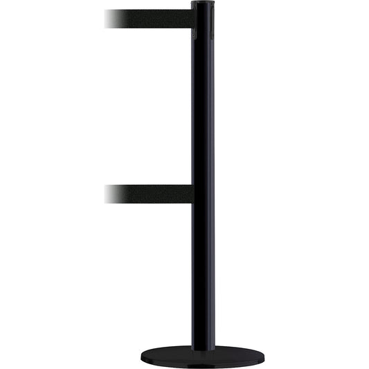 Advance Dualline belt barrier post, belt extends to 3650 mm, post black, belt black.