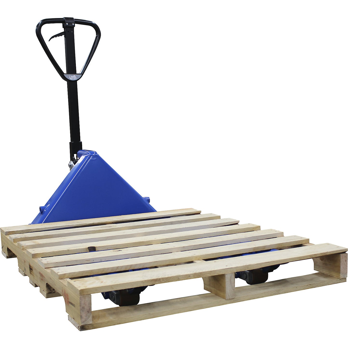 Pallet truck for US pallets, solid rubber steering wheels / PU fork rollers, fork length 1155 mm.
