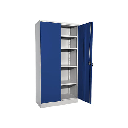 Nilas steel cupboard, with 4 shelves, HxWxD 1950 x 1000 x 500 mm, light grey / gentian blue.